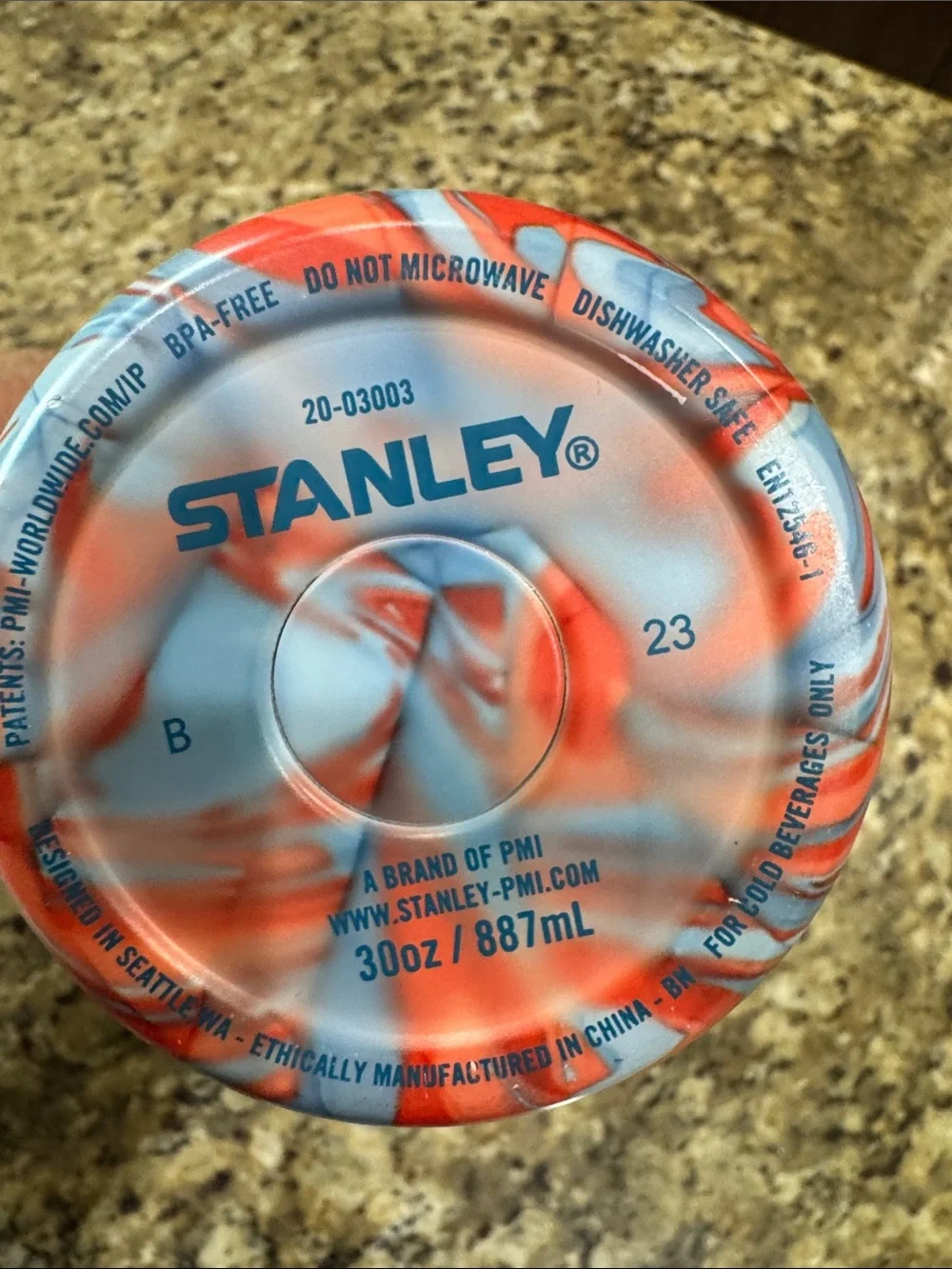 Stanley Blue and Red Swirl Travel Tumbler with Handle Lid